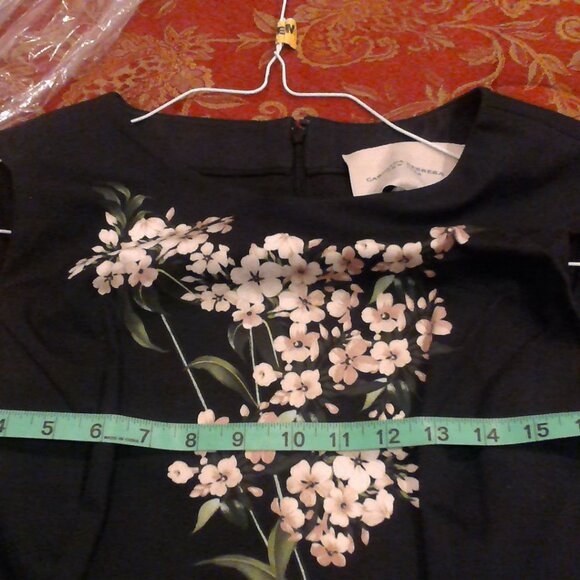 CAROLINA HERERRA Cotton sheath dress. Black w/hand-painted floral design. Sz 14 - Picture 9 of 10